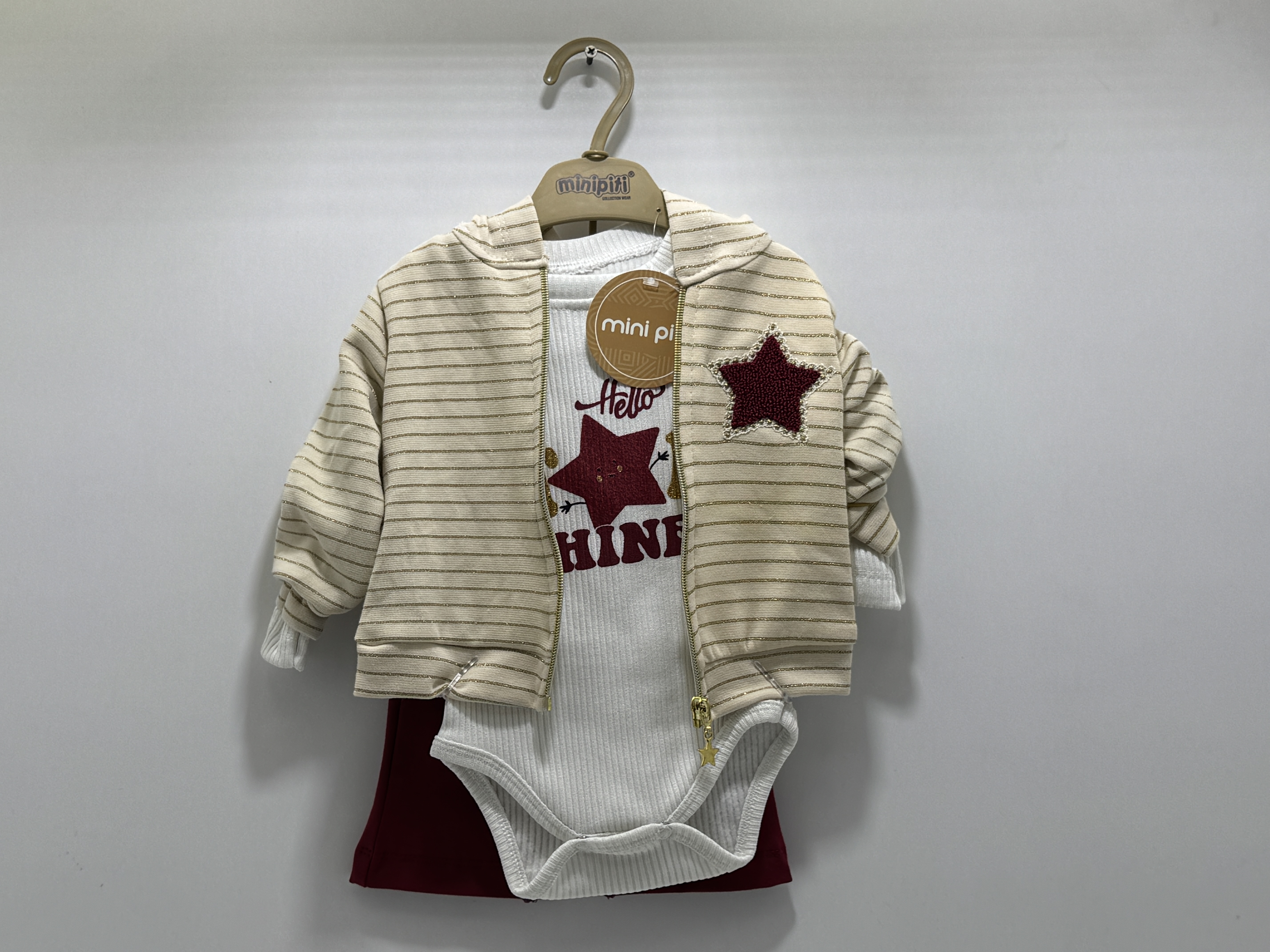 Bebek Kız Krem Çizgili Yıldız Aplikeli 3’lü Takım
