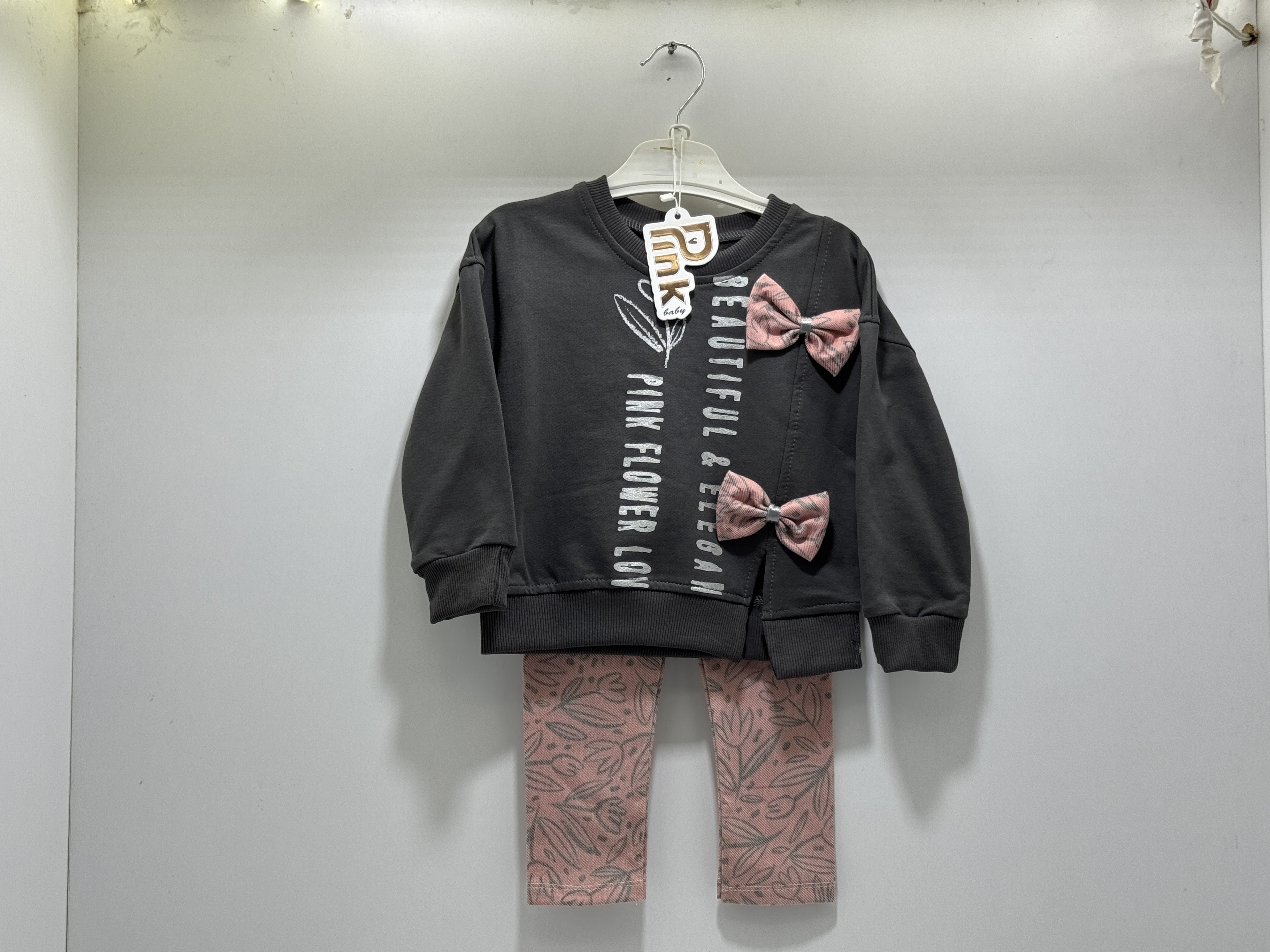 Fiyonk Detaylı ve Çiçek Desenli Bebek/Kız Çocuk Takımı